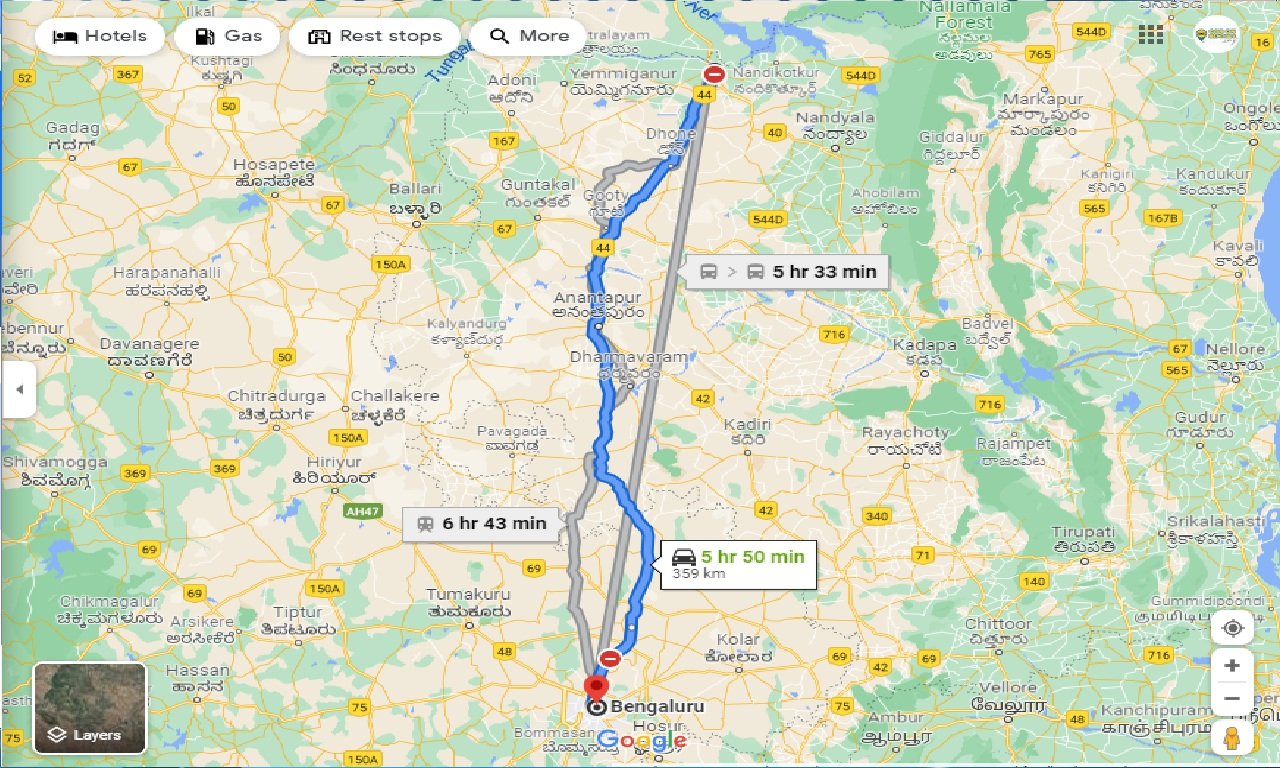 Kurnool to bangalore distance by road