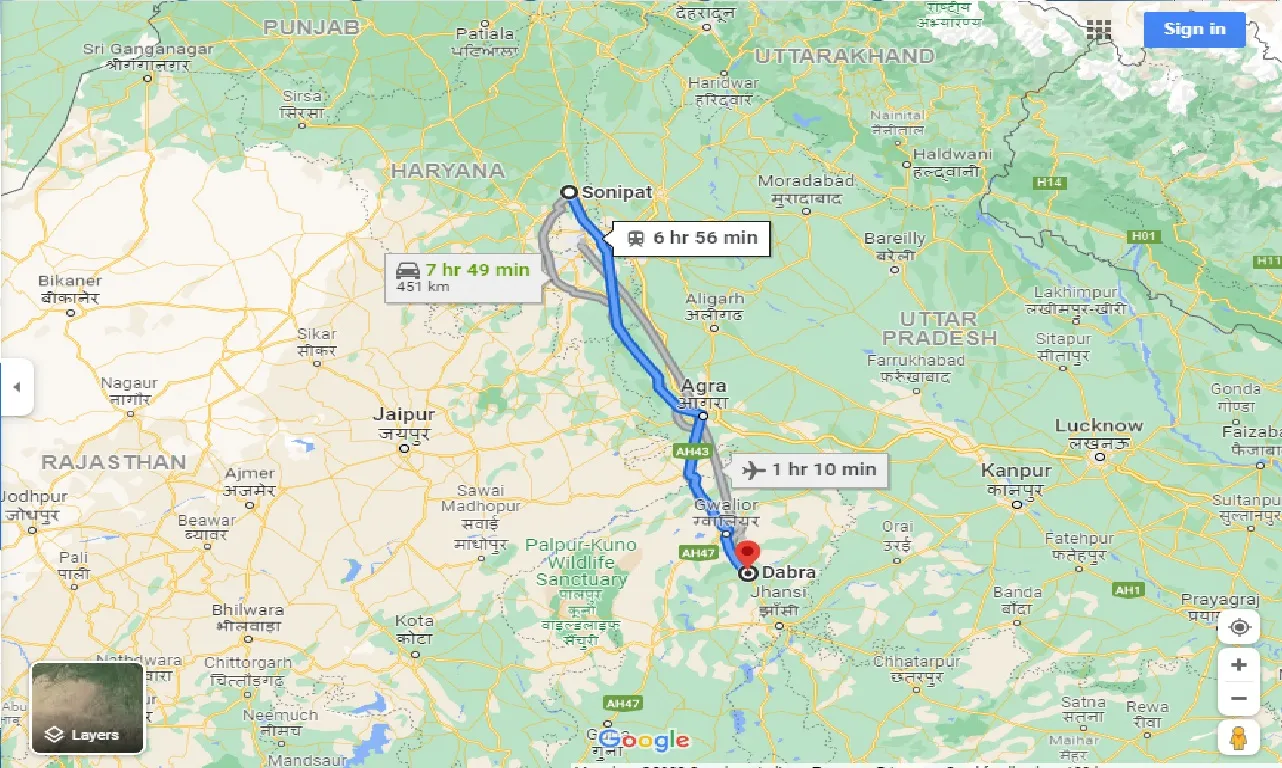 sonipat-to-dabra-one-way